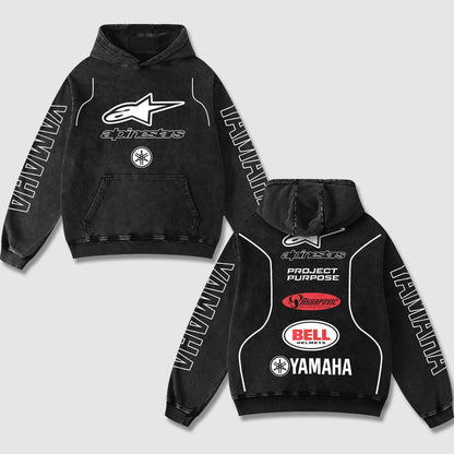 Retro Alpinestars Yamaha Racing Washed Hoodie MotoGP World Champion Enthusiast Apparel Streetwear Racing Team Super Motorsports Clothing Riders Motocross Off-Road Dirt Bike Fan Gear Cotton For Moto Fan