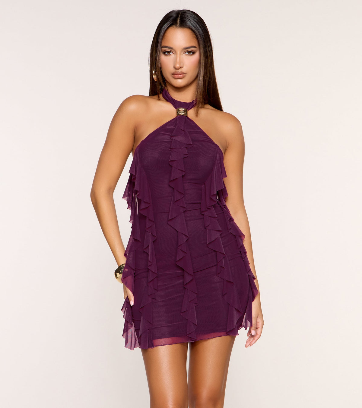 Flirt Factor Halter Ruffle Mini Dress