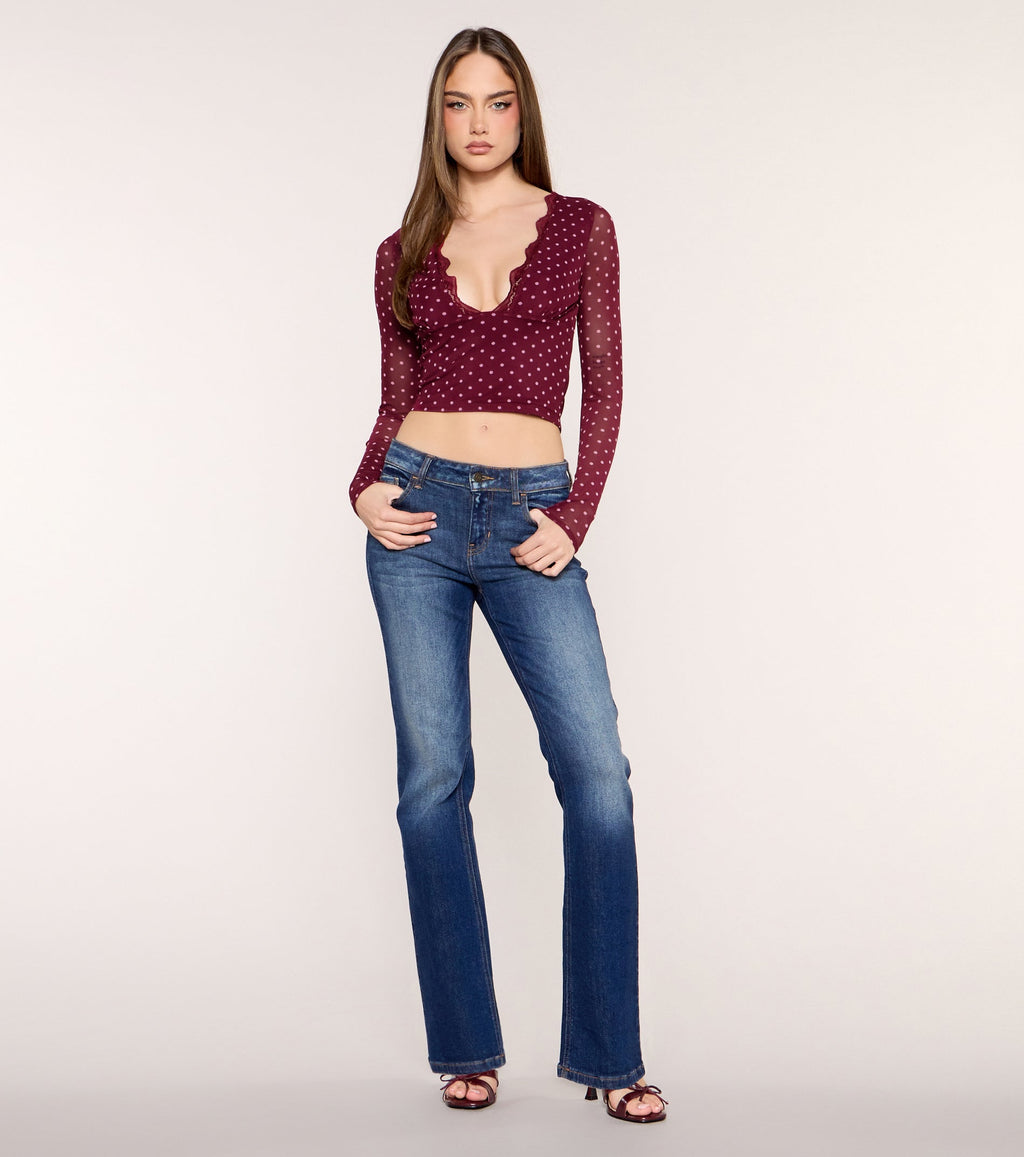 Dot Crush Polka Dot Lace Trim V Neck Crop Top