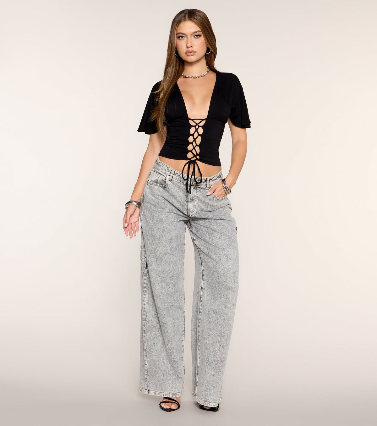 Front Focus Lace-Up Plunge Crop Top