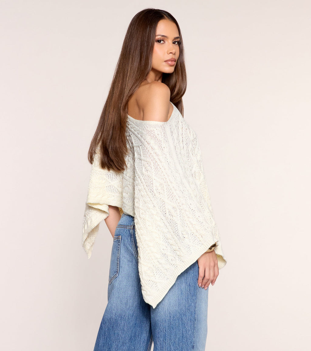 Off Balance Cable Knit Asymmetric Poncho Top
