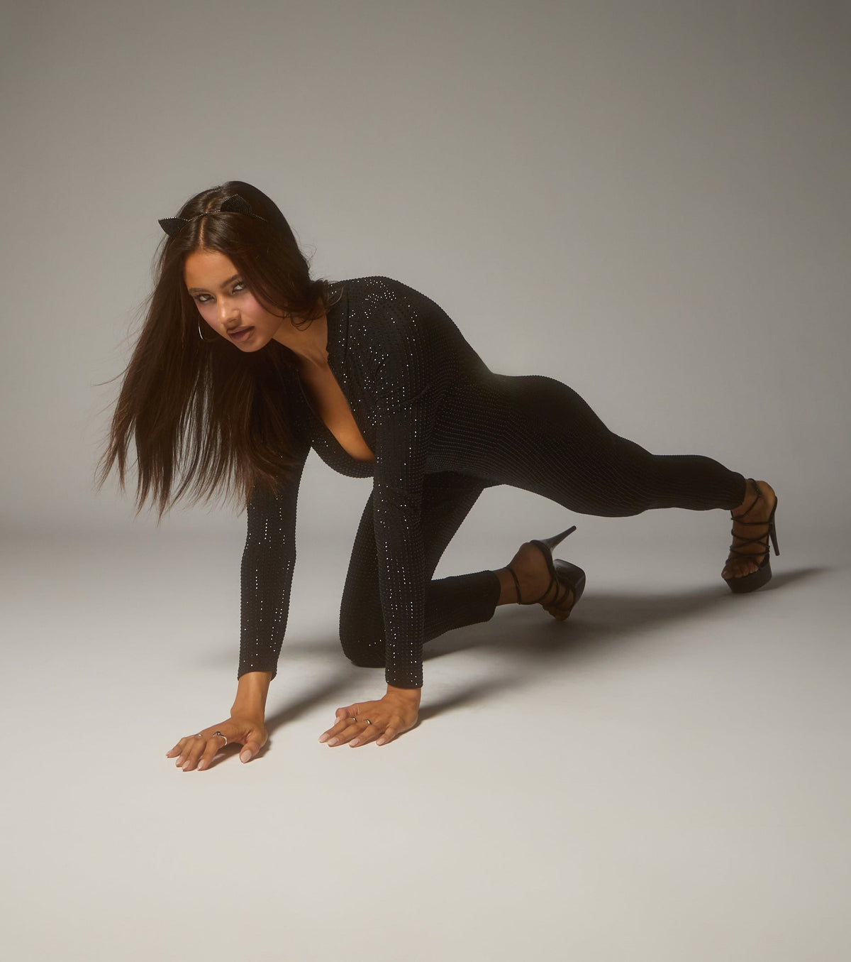 Feline Fierce Rhinestone Zip-Up Catsuit