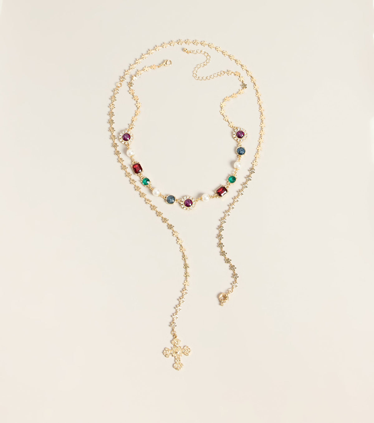 Color Theory Layered Stone Cross Lariat Necklace Set