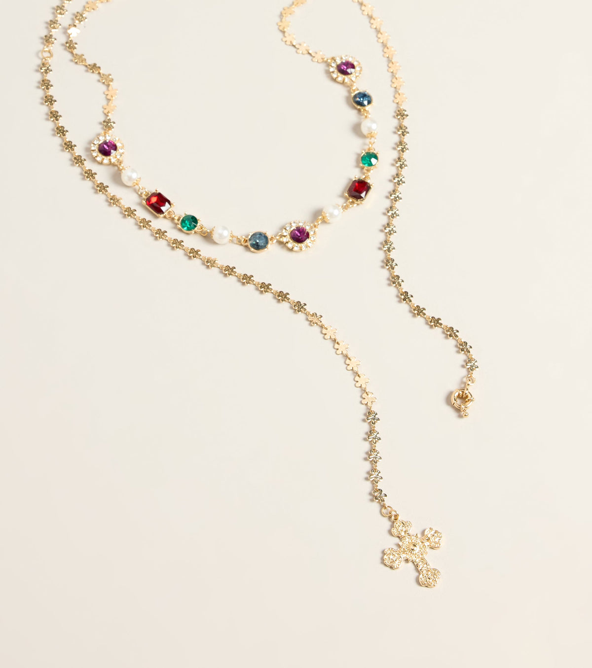 Color Theory Layered Stone Cross Lariat Necklace Set