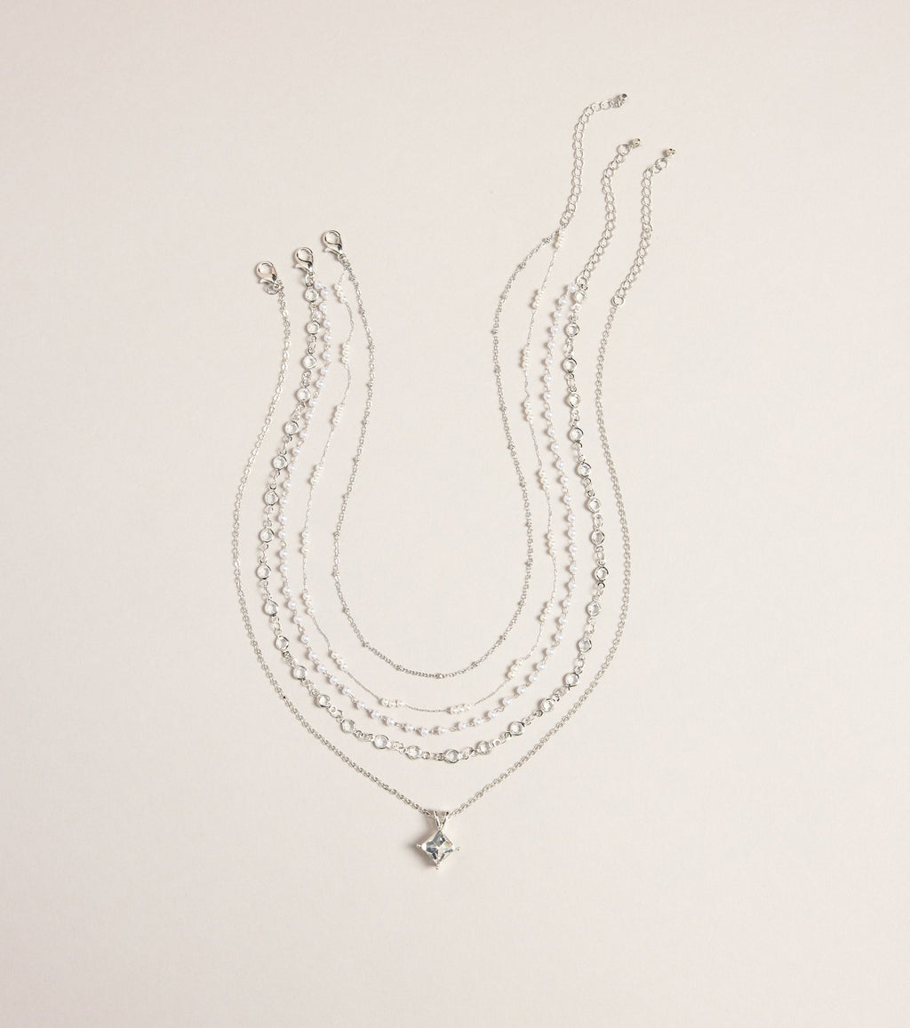 Polished Stack Pearl And Rhinestone Layered Necklace Set