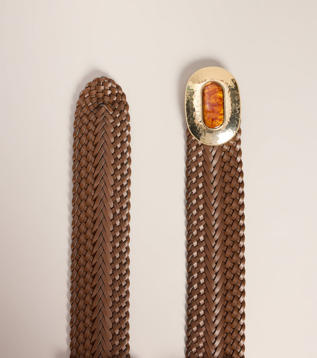 Retro Wrapped Woven Faux Leather Stone Buckle Belt