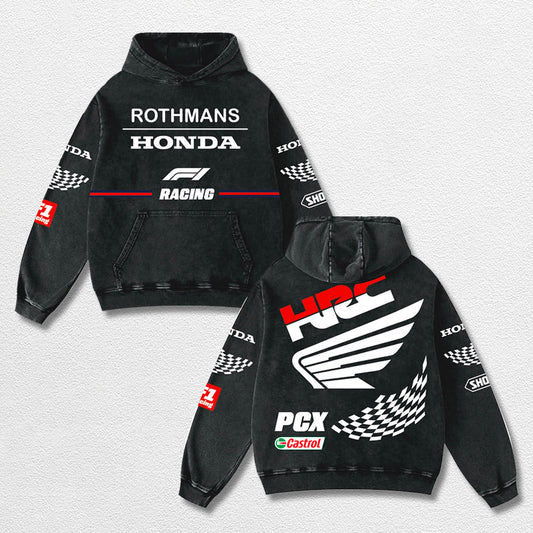 Retro Rothmans Honda HRC Racing Washed Hoodie Formula 1 World Champion Enthusiast Apparel Streetwear Racing Team Super Motorsports Clothing Riders Motocross Off-Road Dirt Bike Fan Gear Cotton For Moto Fan