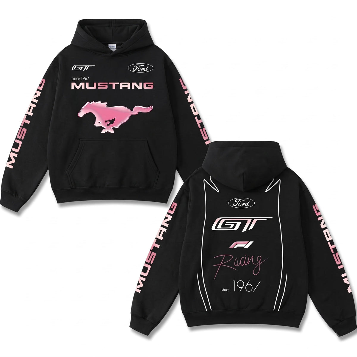 Retro Pink Ford Mustang GT Racing Hoodie Black Acid Washed, Since 1967 Muscle Car Horse Graphic, F1 Speed Motorsport Streetwear, Heavyweight Sweatshirt, Retro Moto Gear Apparel Men’s Women’s Grunge Y2K Racing Jacket Style Oversized Clothes