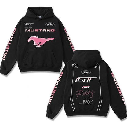 Retro Pink Ford Mustang GT Racing Hoodie Black Acid Washed, Since 1967 Muscle Car Horse Graphic, F1 Speed Motorsport Streetwear, Heavyweight Sweatshirt, Retro Moto Gear Apparel Men’s Women’s Grunge Y2K Racing Jacket Style Oversized Clothes