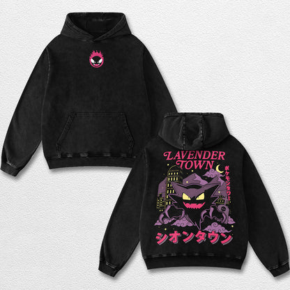 Retro Lavender Town - Pokemon Oversize Lightweight Acid Washed Hoodie Sweatshirt Tee, Anime Graphic Design Unisex Top Cotton Streetwear Shirt Clothes