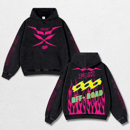 Retro Fox Racing Off Road Washed Hoodie MotoGP World Champion Enthusiast Apparel Streetwear Racing Team Super Motorsports Clothing Riders Motocross Off-Road Dirt Bike Fan Gear Cotton For Moto Fan