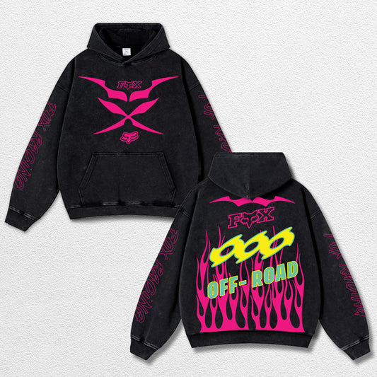 Retro Fox Racing Off Road Washed Hoodie MotoGP World Champion Enthusiast Apparel Streetwear Racing Team Super Motorsports Clothing Riders Motocross Off-Road Dirt Bike Fan Gear Cotton For Moto Fan