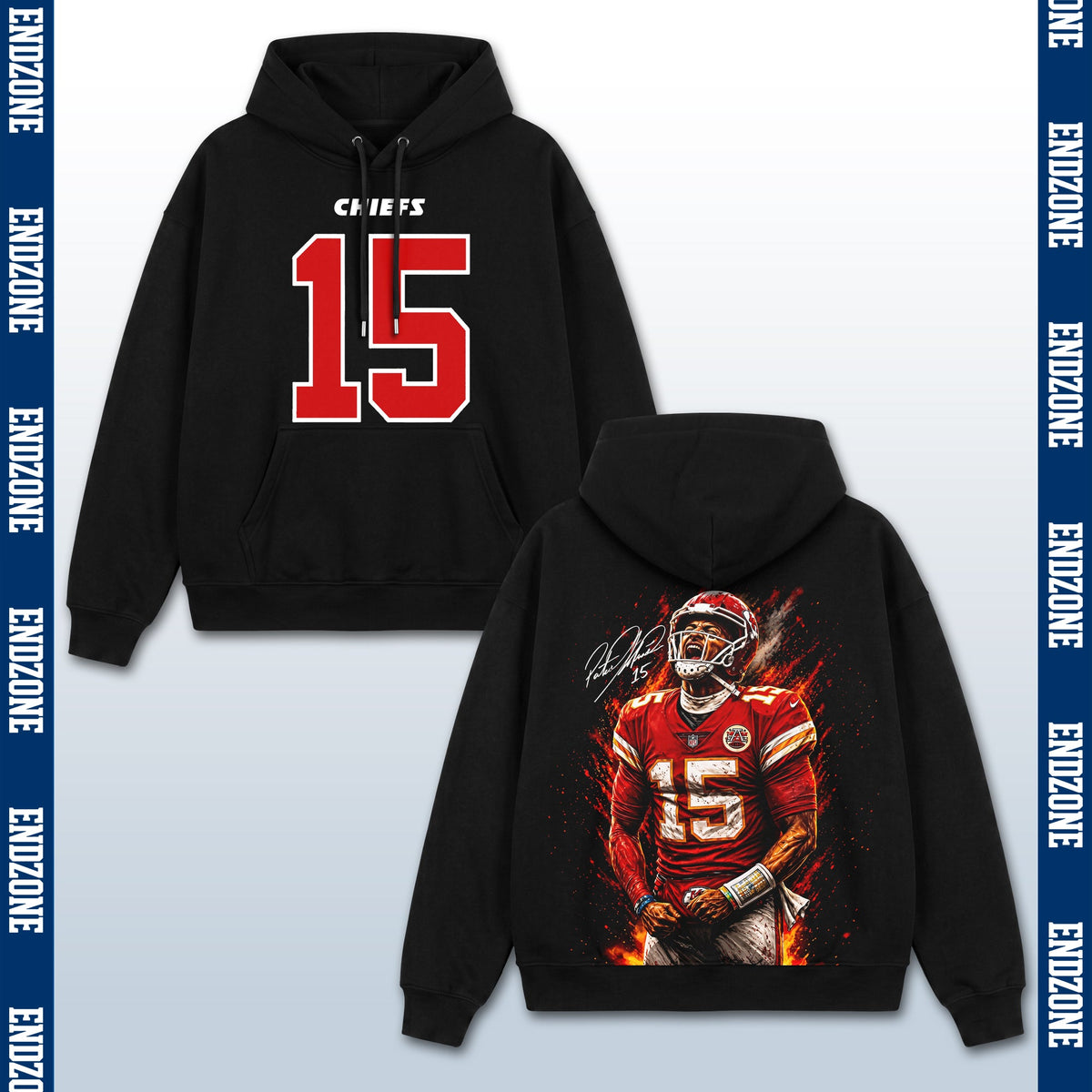 Patrick Mahomes Kansas City Chiefs #15 Fire Art Portrait Vintage Graphic Hoodie Sweatshirt T-Shirt, NFL Football Season Apparel, P. Mahomes PM15 GOAT Legend Retro Streetwear Tee, Kansas City Football Fan Gift
