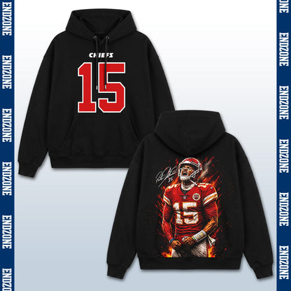 Patrick Mahomes Kansas City Chiefs #15 Fire Art Portrait Vintage Graphic Hoodie Sweatshirt T-Shirt, NFL Football Season Apparel, P. Mahomes PM15 GOAT Legend Retro Streetwear Tee, Kansas City Football Fan Gift