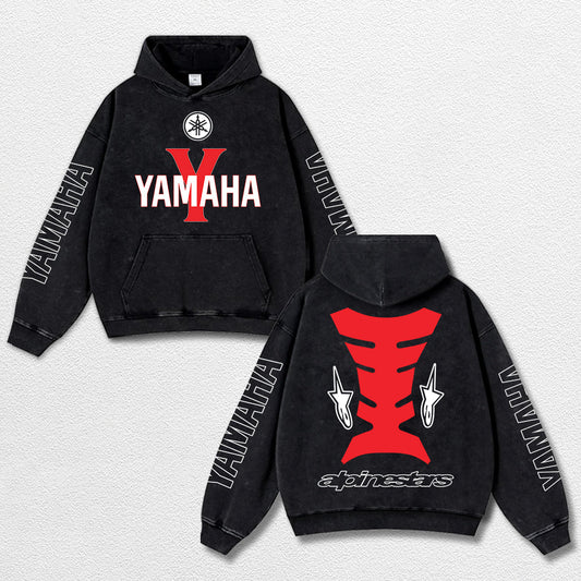 Retro Alpinestars Yamaha Racing Washed Hoodie MotoGP World Champion Enthusiast Apparel Streetwear Racing Team Super Motorsports Clothing Riders Motocross Off-Road Dirt Bike Fan Gear Cotton For Moto Fan