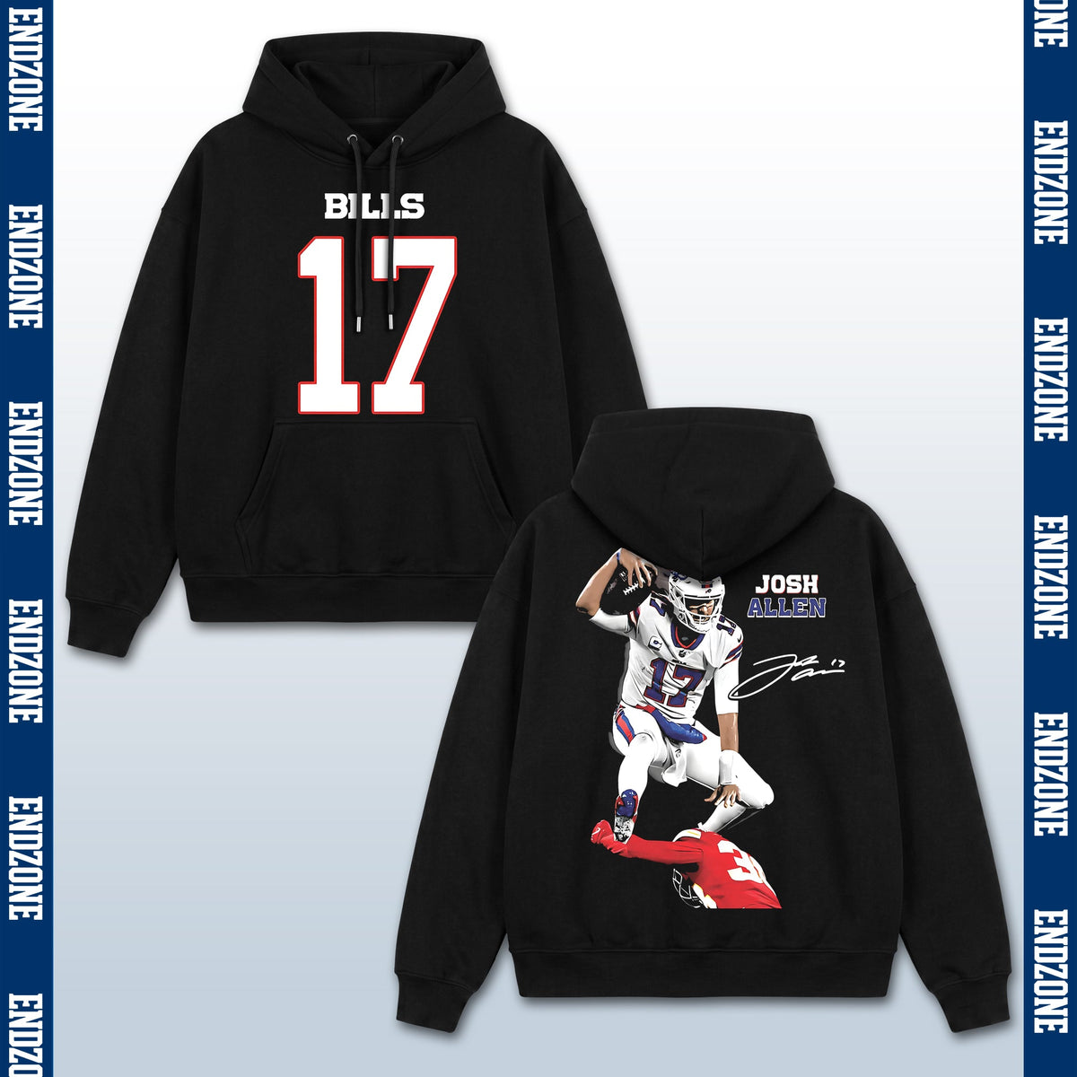 Josh Allen Buffalo Bills #17 Hurdling Tackler Vintage Graphic Hoodie Sweatshirt T-Shirt, NFL Football Season Apparel, J. Allen JA17 MVP Legend Retro Streetwear Tee, Buffalo Football Fan Gift