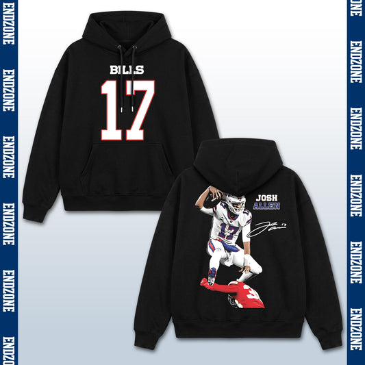 Josh Allen Buffalo Bills #17 Hurdling Tackler Vintage Graphic Hoodie Sweatshirt T-Shirt, NFL Football Season Apparel, J. Allen JA17 MVP Legend Retro Streetwear Tee, Buffalo Football Fan Gift