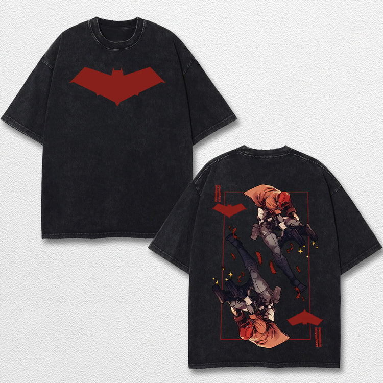 Red Hood Superhero DC Comic Double Printed Oversize Lightweight Acid Washed Tee, Character Comics TV Series Graphic Design Unisex Top Cotton Streetwear T-Shirt Clothes Menswear