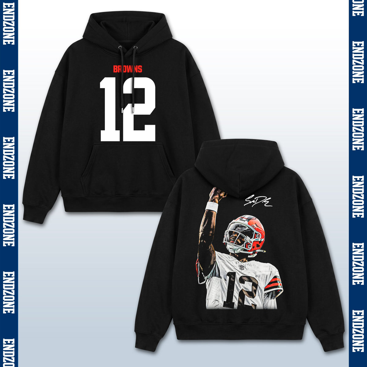Tom Brady Cleveland Browns #12 Raising Fist Vintage Graphic Hoodie Sweatshirt T-Shirt, NFL Football Season Apparel, T. Brady TB12 GOAT Legend Retro Streetwear Tee, Cleveland Football Fan Gift
