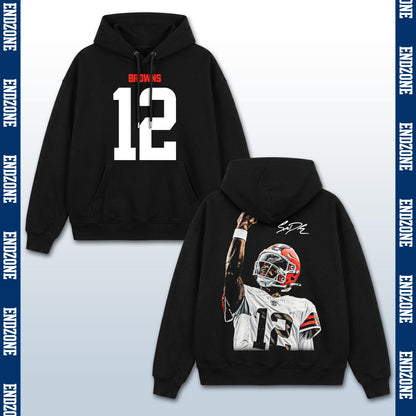 Tom Brady Cleveland Browns #12 Raising Fist Vintage Graphic Hoodie Sweatshirt T-Shirt, NFL Football Season Apparel, T. Brady TB12 GOAT Legend Retro Streetwear Tee, Cleveland Football Fan Gift