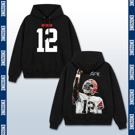 Tom Brady Cleveland Browns #12 Raising Fist Vintage Graphic Hoodie Sweatshirt T-Shirt, NFL Football Season Apparel, T. Brady TB12 GOAT Legend Retro Streetwear Tee, Cleveland Football Fan Gift