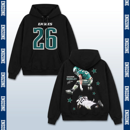 Saquon Barkley Philadelphia Eagles #26 Reverse Hurdle Action Vintage Graphic Hoodie Sweatshirt T-Shirt, NFL Football Season Apparel, S. Barkley SB26 All-Pro Legend Retro Streetwear Tee, Philadelphia Football Fan Gift