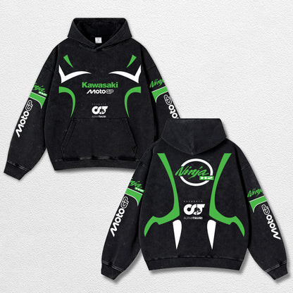 Retro Thunder Alphatauri Kawasaki Ninja H2 Racing Washed Hoodie MotoGP World Champion Enthusiast Apparel Streetwear Racing Team Super Motorsports Clothing Riders Motocross Off-Road Dirt Bike Fan Gear Cotton For Moto Fan