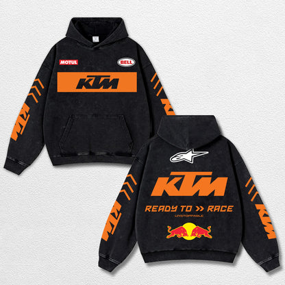 Retro Bell Helmets Redbull KTM Racing Washed Hoodie MotoGP World Champion Enthusiast Apparel Streetwear Racing Team Super Motorsports Clothing Riders Motocross Off-Road Dirt Bike Fan Gear Cotton For Moto Fan