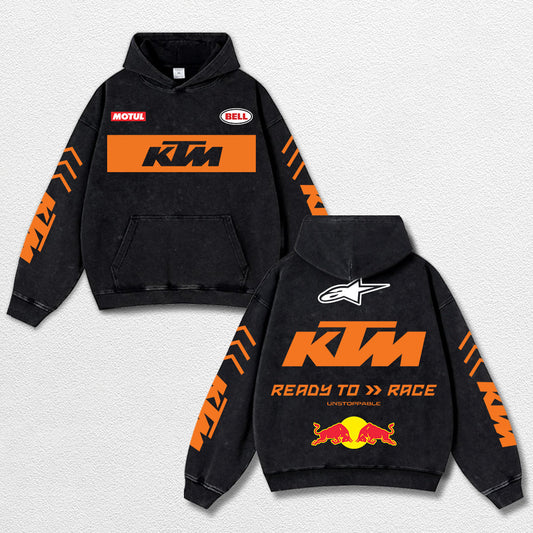 Retro Bell Helmets Redbull KTM Racing Washed Hoodie MotoGP World Champion Enthusiast Apparel Streetwear Racing Team Super Motorsports Clothing Riders Motocross Off-Road Dirt Bike Fan Gear Cotton For Moto Fan
