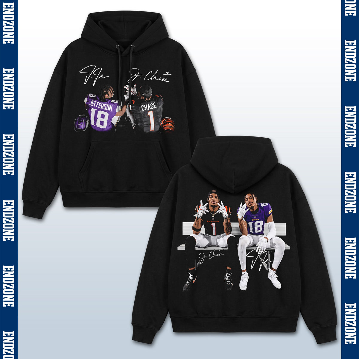 Justin Jefferson #18 & Ja'Marr Chase #1, Minnesota Vikings & Cincinnati Bengals Duo Bench Celebration Vintage Graphic Hoodie Sweatshirt T-Shirt, NFL Football Season Apparel, JJ18 Jetsetta & JC1 Ja'Marr Legend Retro Streetwear Tee, Football Fan Gift