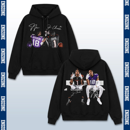 Justin Jefferson #18 & Ja'Marr Chase #1, Minnesota Vikings & Cincinnati Bengals Duo Bench Celebration Vintage Graphic Hoodie Sweatshirt T-Shirt, NFL Football Season Apparel, JJ18 Jetsetta & JC1 Ja'Marr Legend Retro Streetwear Tee, Football Fan Gift
