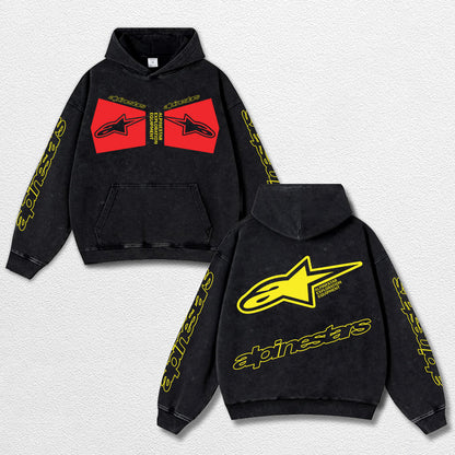 Retro Alpinestars Racing Washed Hoodie MotoGP World Champion Enthusiast Apparel Streetwear Racing Team Super Motorsports Clothing Riders Motocross Off-Road Dirt Bike Fan Gear Cotton For Moto Fan