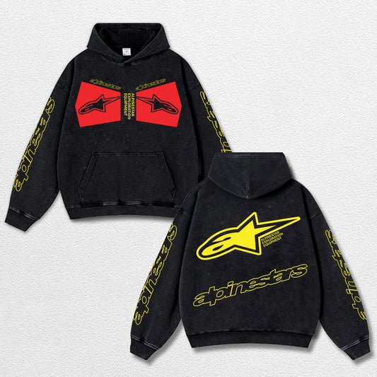 Retro Alpinestars Racing Washed Hoodie MotoGP World Champion Enthusiast Apparel Streetwear Racing Team Super Motorsports Clothing Riders Motocross Off-Road Dirt Bike Fan Gear Cotton For Moto Fan