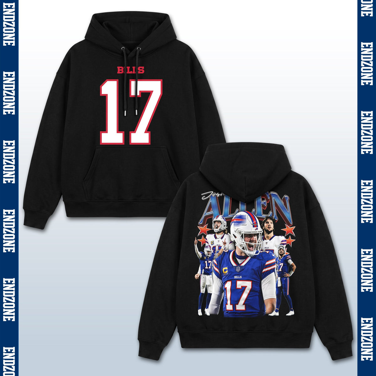Josh Allen Buffalo Bills #17 Multi-Photo Action Vintage Graphic Hoodie Sweatshirt T-Shirt, NFL Football Season Apparel, J. Allen JA17 QB1 Legend Retro Streetwear Tee, Buffalo Football Fan Gift