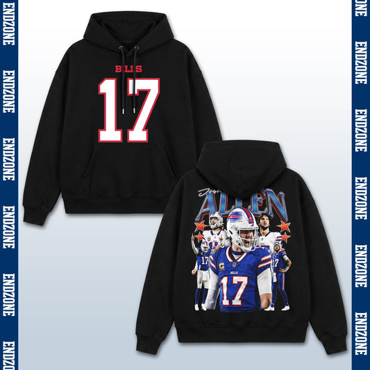 Josh Allen Buffalo Bills #17 Multi-Photo Action Vintage Graphic Hoodie Sweatshirt T-Shirt, NFL Football Season Apparel, J. Allen JA17 QB1 Legend Retro Streetwear Tee, Buffalo Football Fan Gift