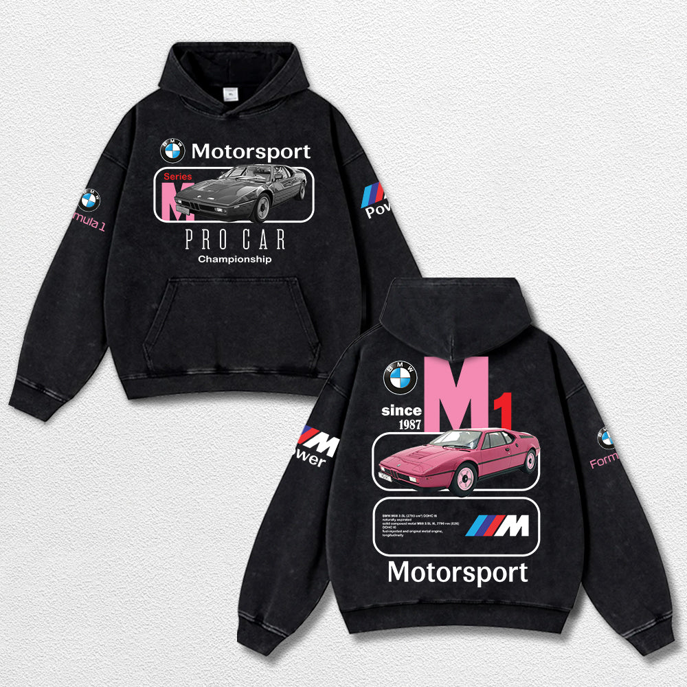 Retro BMW M1 Motosport Racing Washed Hoodie  Fomula 1 World Champion Enthusiast Apparel Streetwear Racing Team Super Motorsports Clothing Riders Motocross Off-Road Dirt Bike Fan Gear Cotton For Moto Fan