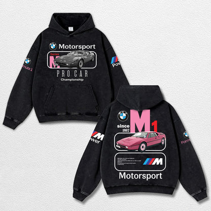 Retro BMW M1 Motosport Racing Washed Hoodie  Fomula 1 World Champion Enthusiast Apparel Streetwear Racing Team Super Motorsports Clothing Riders Motocross Off-Road Dirt Bike Fan Gear Cotton For Moto Fan
