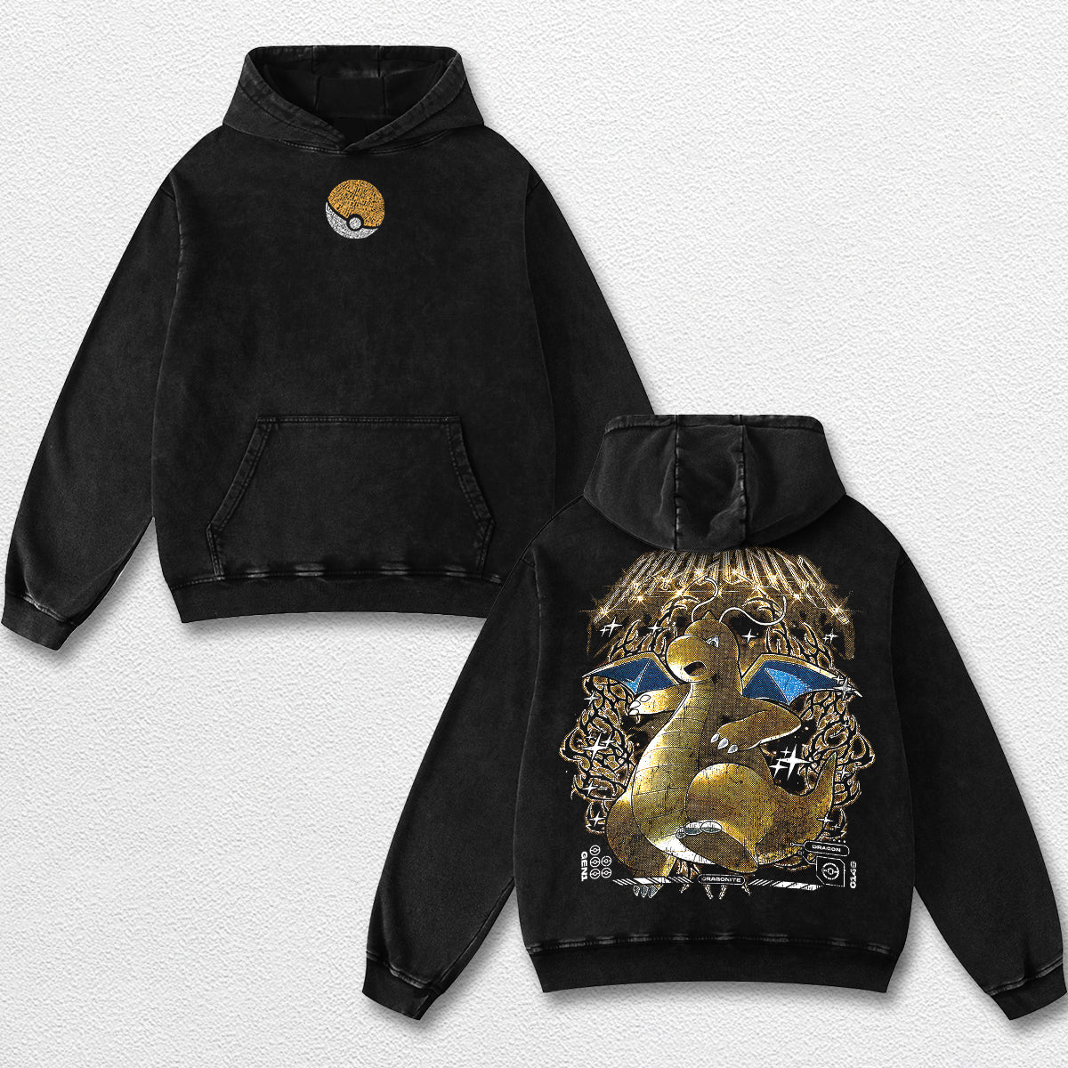 Retro Dragonite - Pokemon Oversize Lightweight Acid Washed Hoodie Sweatshirt Tee, Anime Graphic Design Unisex Top Cotton Streetwear Shirt Clothes