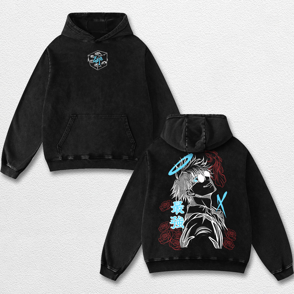 Retro Angel Gojo Satoru - Jujutsu Kaisen Oversize Lightweight Acid Washed Hoodie Sweatshirt Tee, Anime Graphic Design Unisex Top Cotton Streetwear Shirt Clothes