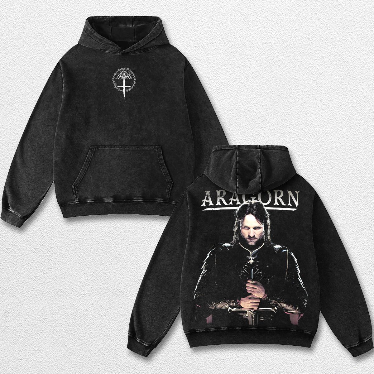 Retro Aragorn Vintage Washed T Shirt – Lord of the Rings Graphic Tee, LOTR Aragorn Shirt, White Tree of Gondor Middle Earth Fantasy Merch, Medieval Warrior Oversized Streetwear, Retro Dark Aesthetic Unisex Gift for Tolkien Fans
