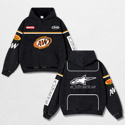 Retro Alpinestars A&W Root Beer Racing Washed Hoodie MotoGP World Champion Enthusiast Apparel Streetwear Racing Team Super Motorsports Clothing Riders Motocross Off-Road Dirt Bike Fan Gear Cotton For Moto Fan