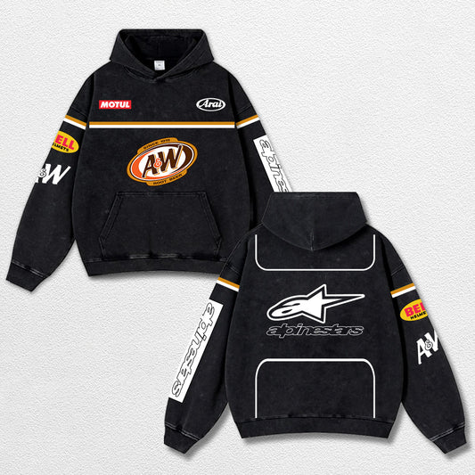Retro Alpinestars A&W Root Beer Racing Washed Hoodie MotoGP World Champion Enthusiast Apparel Streetwear Racing Team Super Motorsports Clothing Riders Motocross Off-Road Dirt Bike Fan Gear Cotton For Moto Fan