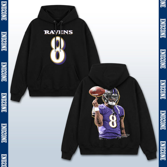 Lamar Jackson Baltimore Ravens #8 Throwing Football Vintage Graphic Hoodie Sweatshirt T-Shirt, NFL Football Season Apparel, L. Jackson LJ8 MVP Legend Retro Streetwear Tee, Baltimore Football Fan Gift