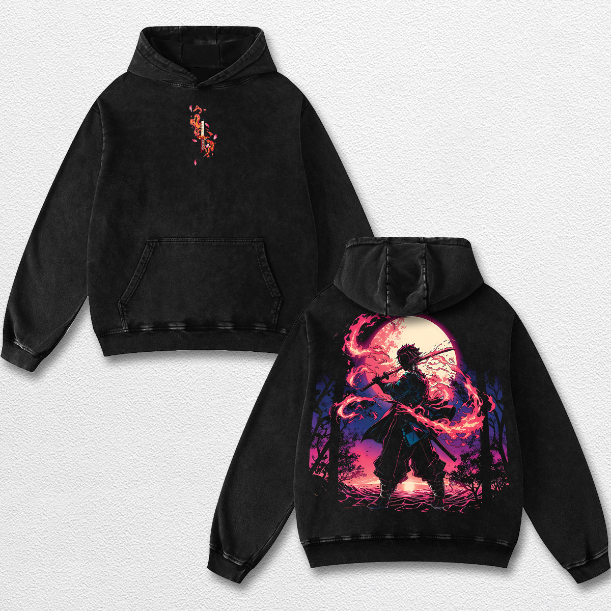 Retro Kamado Tanjiro - Demon Slayer Oversize Lightweight Acid Washed Hoodie Sweatshirt Tee, Anime Graphic Design Unisex Top Cotton Streetwear Shirt Clothes