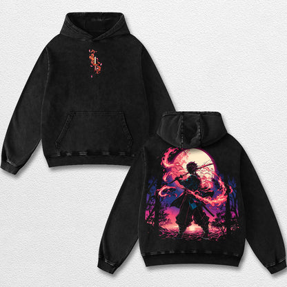 Retro Kamado Tanjiro - Demon Slayer Oversize Lightweight Acid Washed Hoodie Sweatshirt Tee, Anime Graphic Design Unisex Top Cotton Streetwear Shirt Clothes