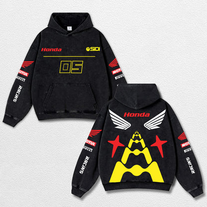 Retro Honda 05 Racing Washed Hoodie MotoGP World Champion Enthusiast Apparel Streetwear Racing Team Super Motorsports Clothing Riders Motocross Off-Road Dirt Bike Fan Gear Cotton For Moto Fan
