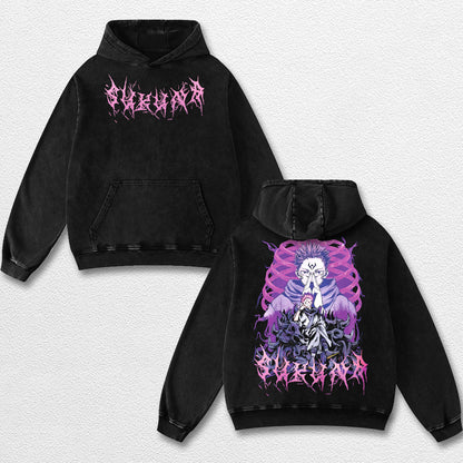 Retro Sukuna Dark Ritua - Jujutsu Kaisen Oversize Lightweight Acid Washed Hoodie Sweatshirt Tee, Anime Graphic Design Unisex Top Cotton Streetwear Shirt Clothes