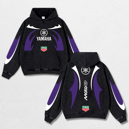 Retro Thunder Tagheuer Yamaha Racing Washed Hoodie MotoGP World Champion Enthusiast Apparel Streetwear Racing Team Super Motorsports Clothing Riders Motocross Off-Road Dirt Bike Fan Gear Cotton For Moto Fan