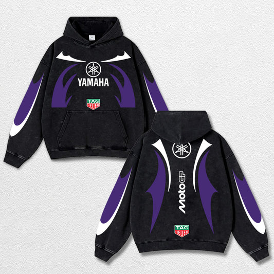 Retro Thunder Tagheuer Yamaha Racing Washed Hoodie MotoGP World Champion Enthusiast Apparel Streetwear Racing Team Super Motorsports Clothing Riders Motocross Off-Road Dirt Bike Fan Gear Cotton For Moto Fan