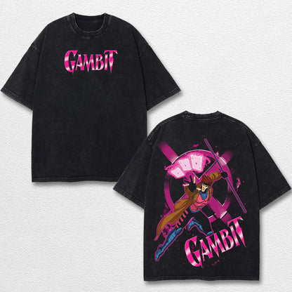 Gambit Xmen Hero Comic Double Printed Oversize Lightweight Acid Washed Tee, Character Marrvel Comics TV Series Graphic Design Unisex Top Cotton Streetwear T-Shirt Clothes Menswear